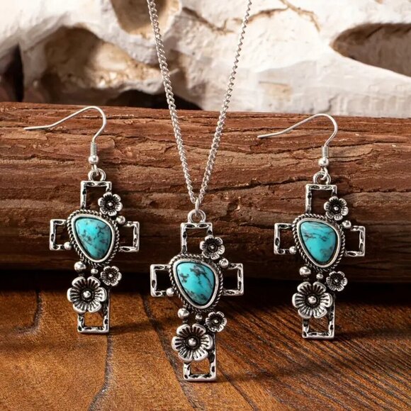 Silver Tone Faux Turquoise Cross Set Necklace Earrings #1448 - Picture 3 of 3